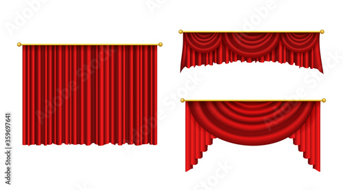 Red curtains for theater scene. Realistic curtain cornice decor for interior of cinema, opera. Theatre velvet decoration for premiere. Luxury satin textile lambrequin. vector silk curtain set.