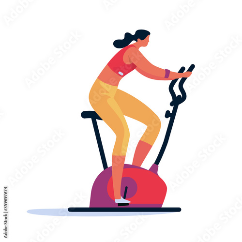 Athletic woman on training apparatus have various physical exercises. People exercising at modern gym. Enjoy sport activity.  Vector flat illustration. 