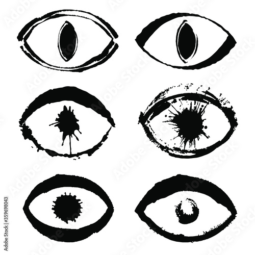 Collection of grungy crazy eyes. Ink artistic drawings 