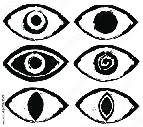 Inky grungy eyes. Set of artistic black and white eyes