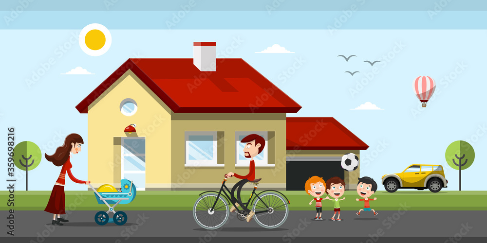 Family House with Mother, Fathe and Kids Vector Flat Design Cartoon Family House with Mother, Fathe and Kids Vector Flat Design Cartoon