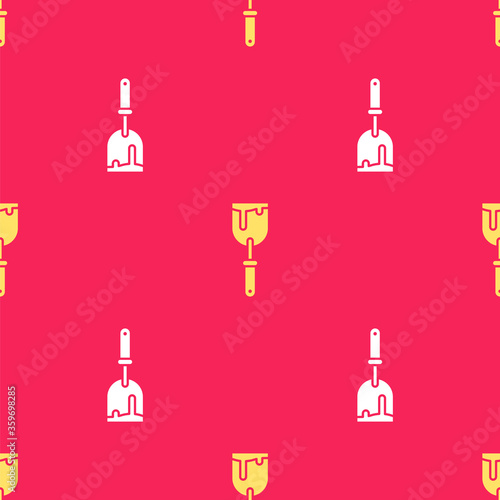 Yellow Putty knife icon isolated seamless pattern on red background. Spatula repair tool. Spackling or paint instruments. Vector Illustration.