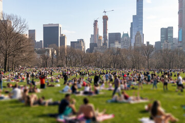 Blurred crowds of people relaxing on the lawn in Central Park on a sunny day in New York City