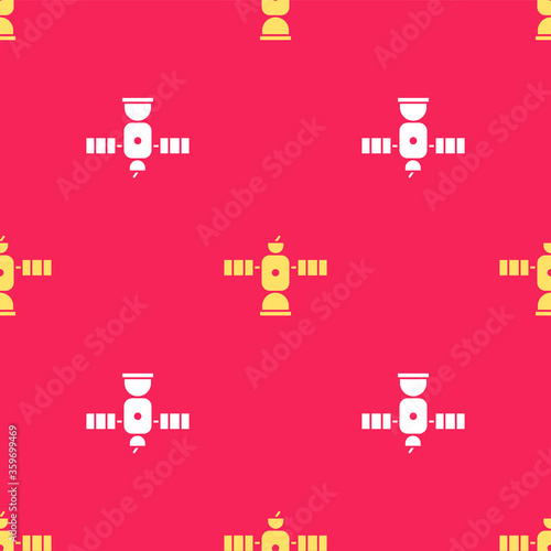 Yellow Satellite icon isolated seamless pattern on red background. Vector Illustration.
