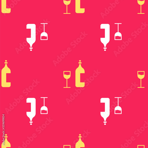 Yellow Wine bottle with wine glass icon isolated seamless pattern on red background. Happy Easter. Vector Illustration.