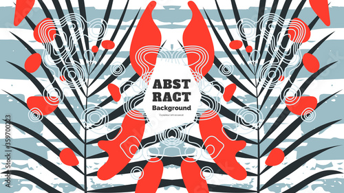 Abstract background illustration. Colorful lines, spots, dypsis lutescens leaves and map texture. Decorative symmetric wallpaper, backdrop. Hand drawn texture, decor elements and shapes. Eps10 vector.