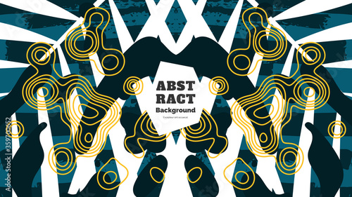 Abstract background illustration. Colorful lines, spots, dypsis lutescens leaves and map texture. Decorative symmetric wallpaper, backdrop. Hand drawn texture, decor elements and shapes. Eps10 vector.