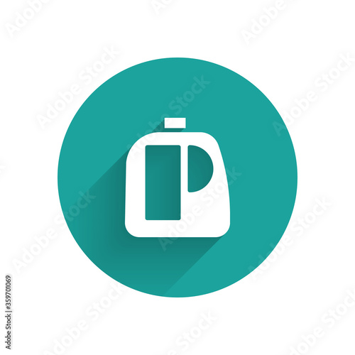 White Plastic bottles for laundry detergent, bleach, dishwashing liquid or another cleaning agent icon isolated with long shadow. Green circle button. Vector Illustration.
