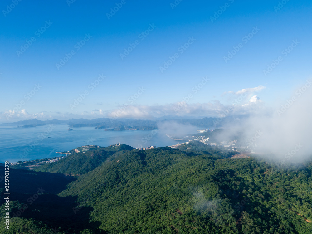 Aerial view of landscape with sea and mountains