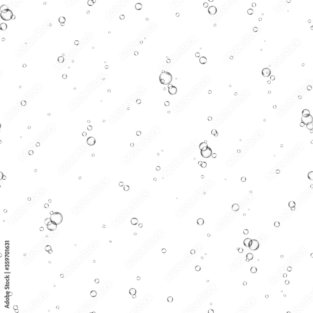 Bubbles underwater texture isolated on white background. Vector fizzy air, gas or oxygen under water seamless pattern. Realistic champagne drink, soda effect template.
