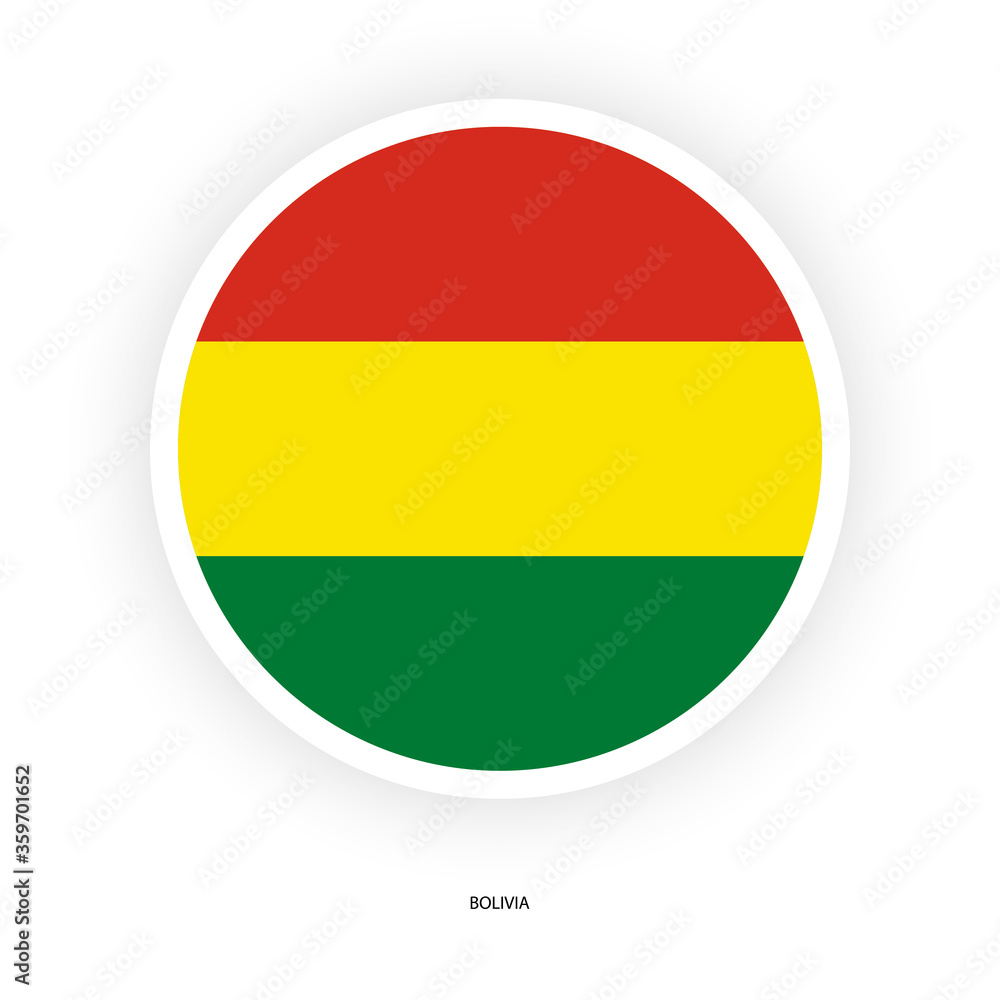 Bolivia circle flag icon with white border on white background. Bolivia button flag icon with shadow isolated on white background. Bolivia circle flag icon with white border on white background. Bolivia button flag icon with shadow isolated on white background.