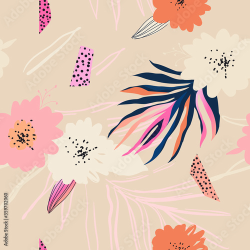 Trendy floral artistic illustration pattern. Creative collage with shapes. Seamless pattern. Fashionable template for design.
