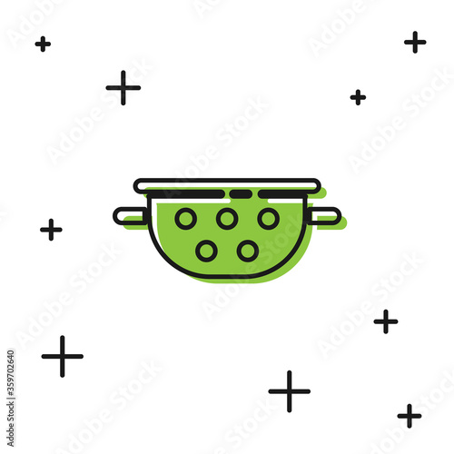 Black Kitchen colander icon isolated on white background. Cooking utensil. Cutlery sign. Vector.