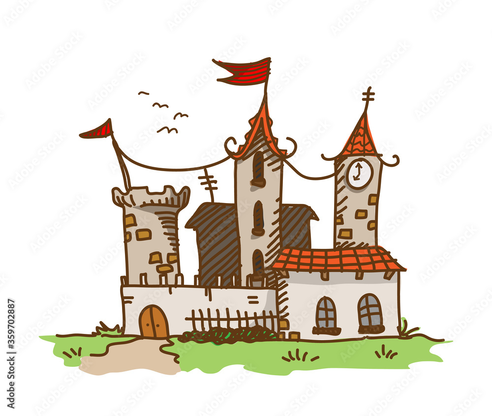 Fototapeta premium Kingdom Castle doodle, a hand drawn vector doodle cartoon illustration of a medieval castle in a fairy tale children story