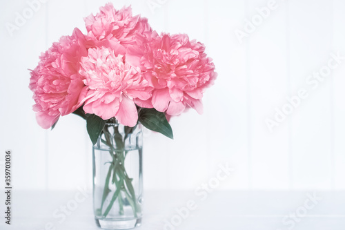 Fototapeta Naklejka Na Ścianę i Meble -  a bouquet of pink peonies on a white background in a vase close-up. flower background with peonies.