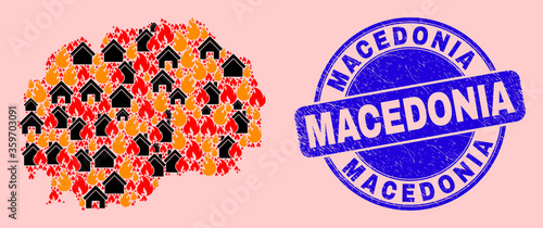 Fire and property collage Macedonia map and Macedonia scratched seal. Vector collage Macedonia map is composed of random burning towns. Macedonia map collage is composed for fire insurance templates.