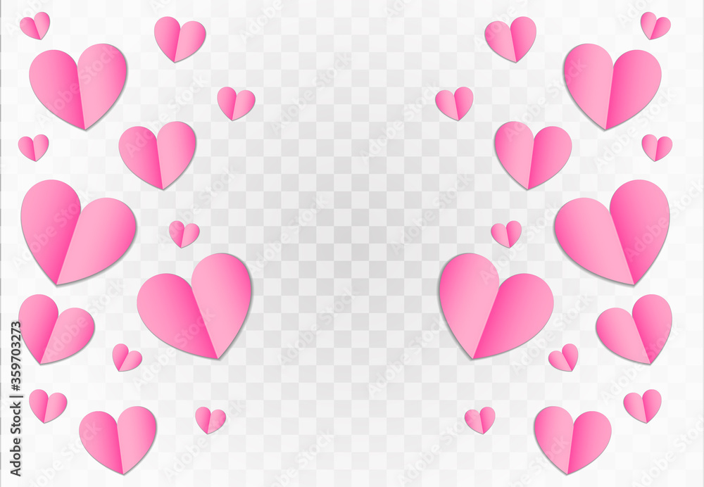Pink paper hearts pattern background for Valentines Day, wedding template or greeting card design. Vector element of paper Valentines Save the Date love hearts isolated on transparent background.