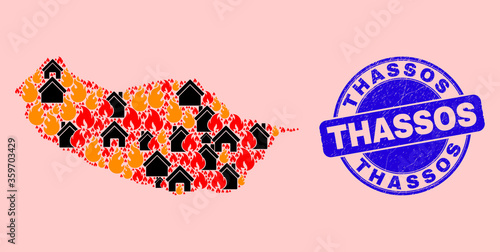 Fire and houses combination Madeira map and Thassos unclean stamp seal. Vector collage Madeira map is designed with random burning towns. Madeira map collage is designed for fire insurance purposes.