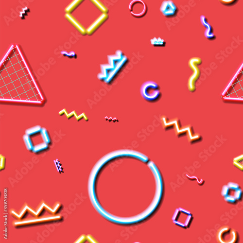 Neon seamless pattern with and 80s or 90s abstract arcade style
