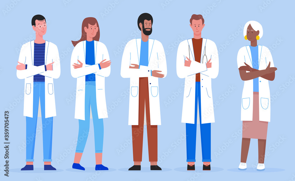 Doctor people cross their arms over their chests vector illustration set. Cartoon diversity flat man woman professional hospital staff, physician characters standing together. Doctor people cross their arms over their chests vector illustration set. Cartoon diversity flat man woman professional hospital staff, physician characters standing together.