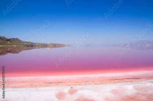 Beautiful pink Salt Lake of Shiraz, Iran. © whatafoto