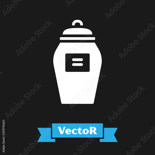 White Funeral urn icon isolated on black background. Cremation and burial containers, columbarium vases, jars and pots with ashes. Vector.