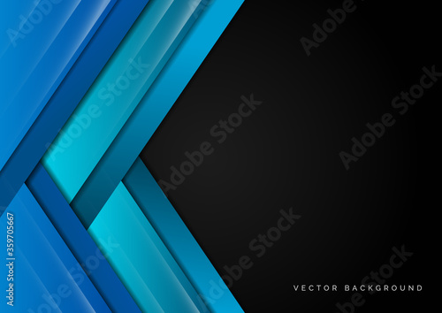 Abstract template design geometric blue triangles overlapping layer on black background.