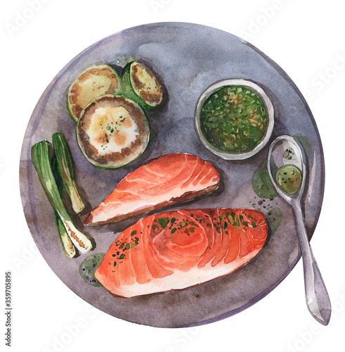 Food grill salmon vegetables steak sauce zucchini onion spices plate spoon lunch dinner cooking restaurant plate watercolor isolated