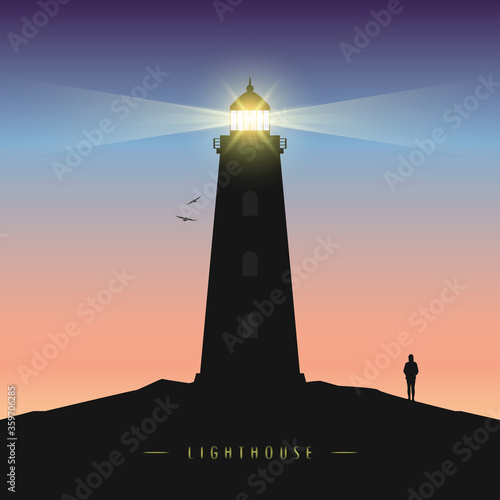 lonely girl by the lighthouse in the dark creepy landscape vector illustration EPS10