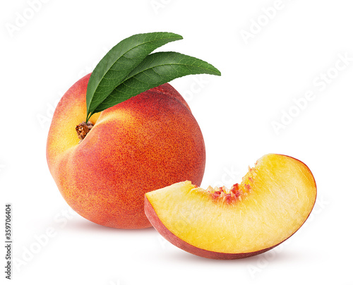 Ripe peach fruit with leaf and slice