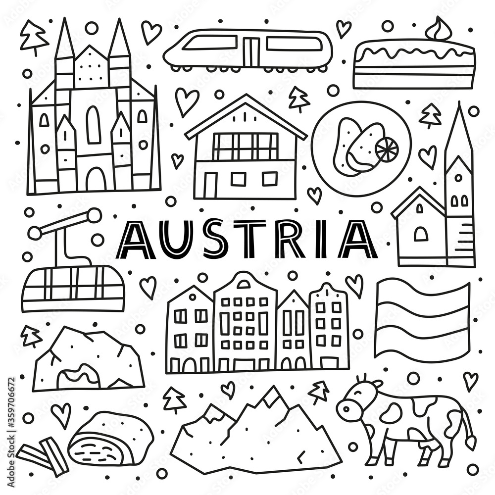 Poster with lettering and doodle outline Austria icons including Vienna Cathedral, train, chalet house, church, Alpine mountains, cow, cave, flag, schnitzel, strudel, etc isolated on white background.