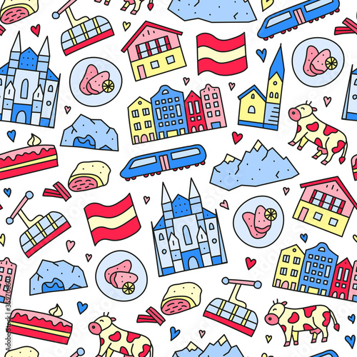 Seamless pattern with doodle colored Austria icons including Vienna Cathedral, train, chalet house, church, Alpine mountains, cow, cave, flag, schnitzel, strudel, etc.