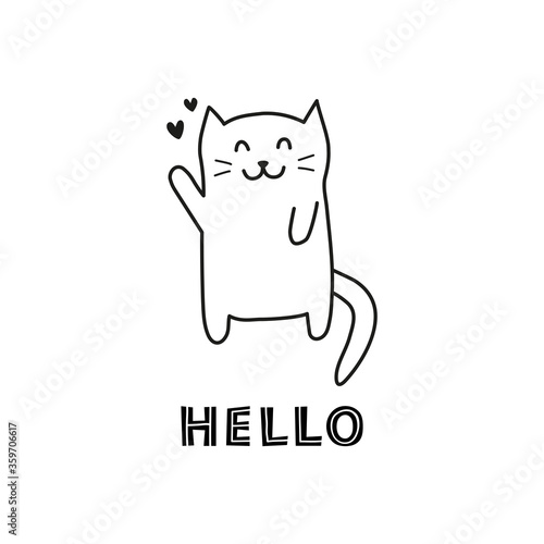 Cute doodle outline smiling welcoming cat with scandinavian lettering hello isolated on white background.