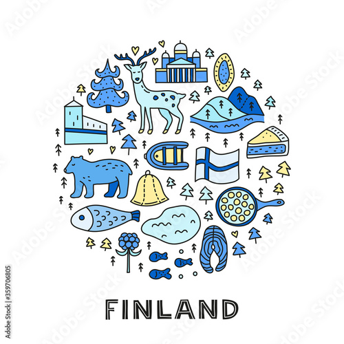 Doodle colored finland icons including Helsinki Cathedral, deer, lake, cloudberry, Olaf's castle, pastry, meatballs, fish, bear, flag, etc composed in circle shape.