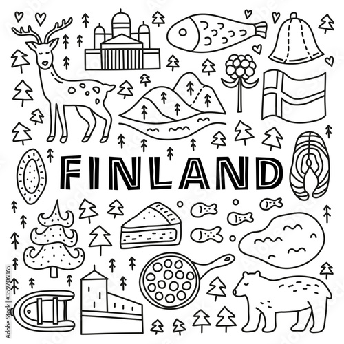 Poster with lettering and doodle outline finland icons including Helsinki Cathedral, deer, lake, cloudberry, Olaf's castle, pastry, meatballs, fish, bear, flag, etc isolated on white background.