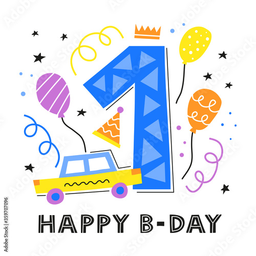 Scandinavian children postcard with one year, ballons, car, streamers, stars and lettering isolated on white background. Boy 1st birthday celebration. First anniversary.