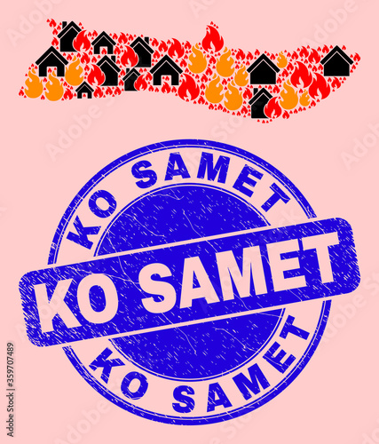 Fire disaster and property mosaic Molokai Island map and Ko Samet corroded stamp imitation. Vector collage Molokai Island map is designed of scattered burning towns.