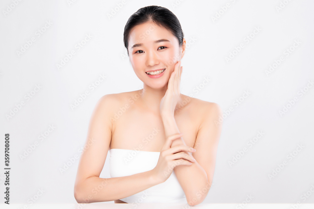 Beautiful Young asian Woman touching her clean face with fresh Healthy Skin, isolated on white background, Beauty Cosmetics and Facial treatment Concept Beautiful Young asian Woman touching her clean face with fresh Healthy Skin, isolated on white background, Beauty Cosmetics and Facial treatment Concept