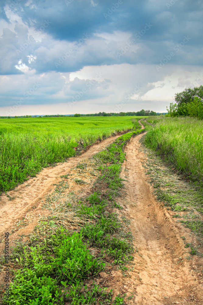 Landscape of a field with a road against a cloudy cloudy sky before a thunderstorm Landscape of a field with a road against a cloudy cloudy sky before a thunderstorm