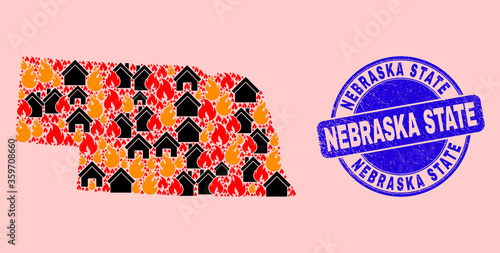 Fire disaster and houses collage Nebraska State map and Nebraska State rubber seal. Vector collage Nebraska State map is constructed from scattered burning houses. photo