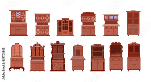 set of antique cabinets. Collection of vintage wardrobes isolated on a white background.  Furniture for the living room kitchen and bedroom in the Victorian style. Vector illustration in flat style