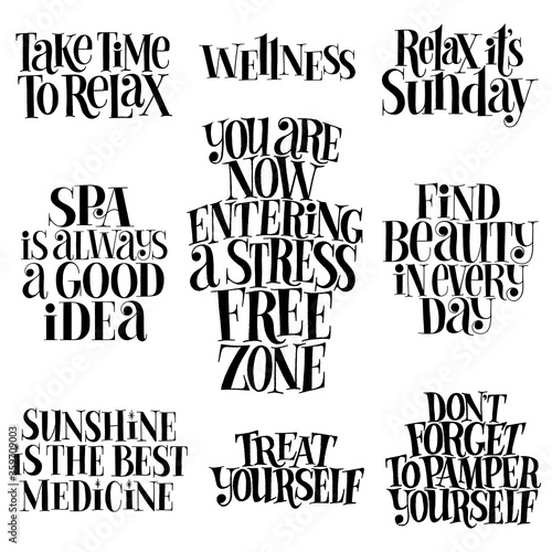 SPA set. Hand-drawn lettering quote for SPA, Wellness center, Wellbeing concept. Typography for social media, posters, web design element. Vector black lettering set isolated on white background.