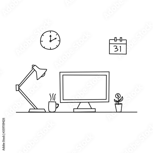 workplace office desk table with a computer screen monitor doodle hand drawn style. line art drawing vector illustration