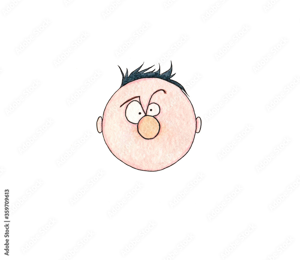 Hand drawn watercolor illustration of simple cartoon face with big nose and  without mouth. Funny weird face sketch. Facial expression. Boy with messy  grey hair. A bit angry look Stock Illustration |