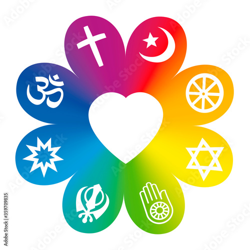 World religions. Symbols on a rainbow colored flower with a heart in center as a symbol for religious unity or commonness - Christianity, Islam, Buddhism, Hinduism, Judaism, Jainism, Sikhism, Bahai.
