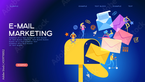 E-mail concept . Marketing e-mail . Mailbox and colored envelopes surrounded by icons . File is saved in AI10 EPS version. This illustration contains a transparency 
