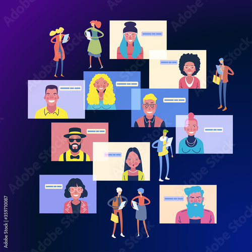 Chat with friends online. Collective virtual meeting and group video conferencing. Remote work concept