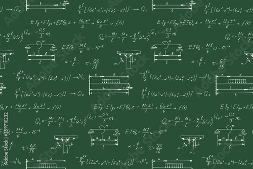 Physics seamless pattern with the equations, figures, schemes, formulas and other calculations on schoolboard. Retro scientific and educational handwritten vector Illustration.
