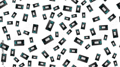 Seamless pattern of retro old hipster video cassettes for watching movies from the 70s, 80s, 90s, 2000s on a white background