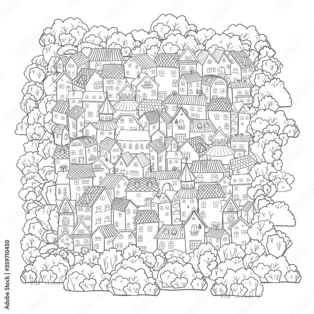 Cute cartoon town. Handdraw illustration small houses and trees.